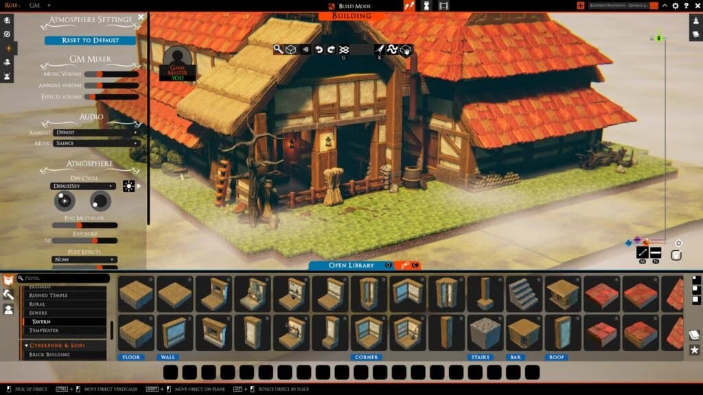 Captura de tela do TaleSpire com painel de configurações de atmosfera aberto e uma taverna de estilo oriental montada em cena.