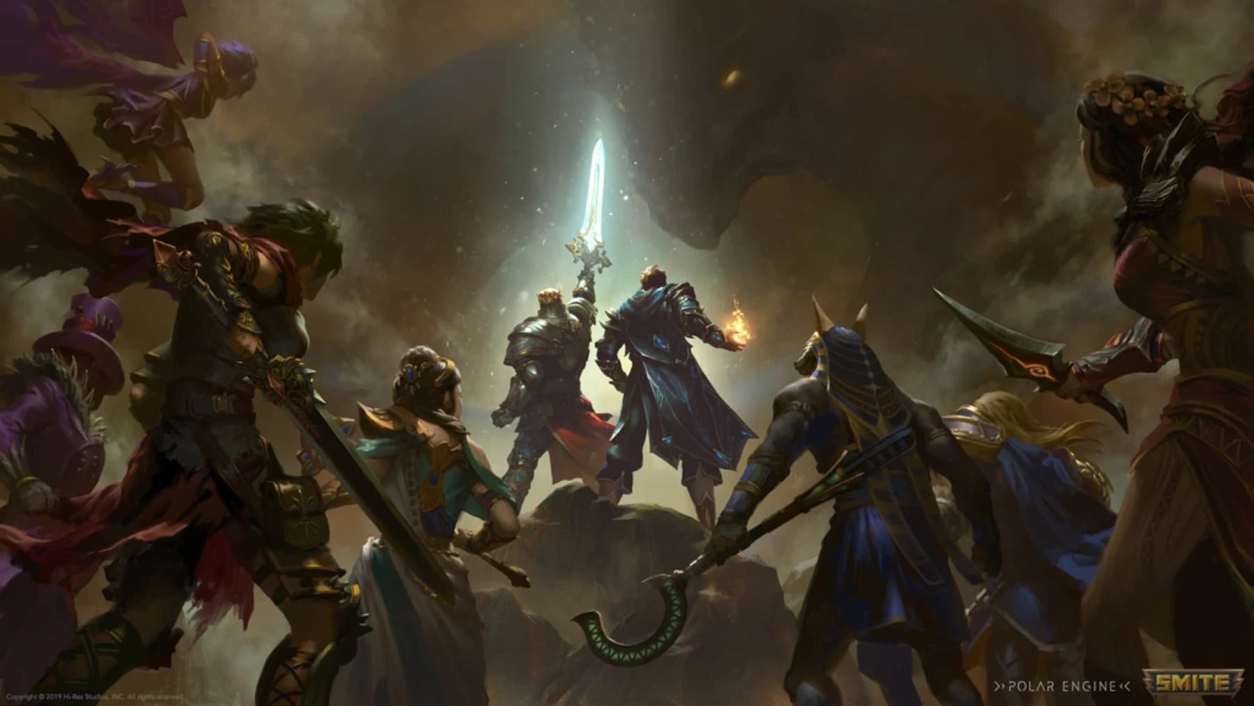 Arte do jogo Smite: um grupo de deuses e heróis de armadura, vistos de costas, encarando um gigante que ergue uma espada luminosa.