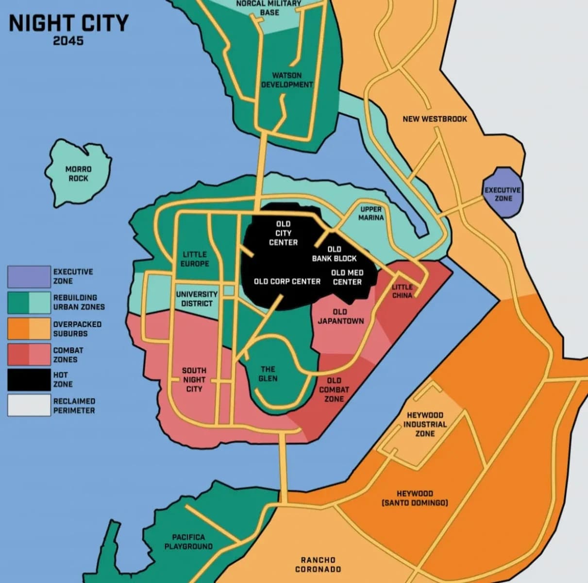 Mapa colorido de Night City em 2045 dividido por zonas: zona quente, zonas de combate, subúrbios e áreas corporativas.