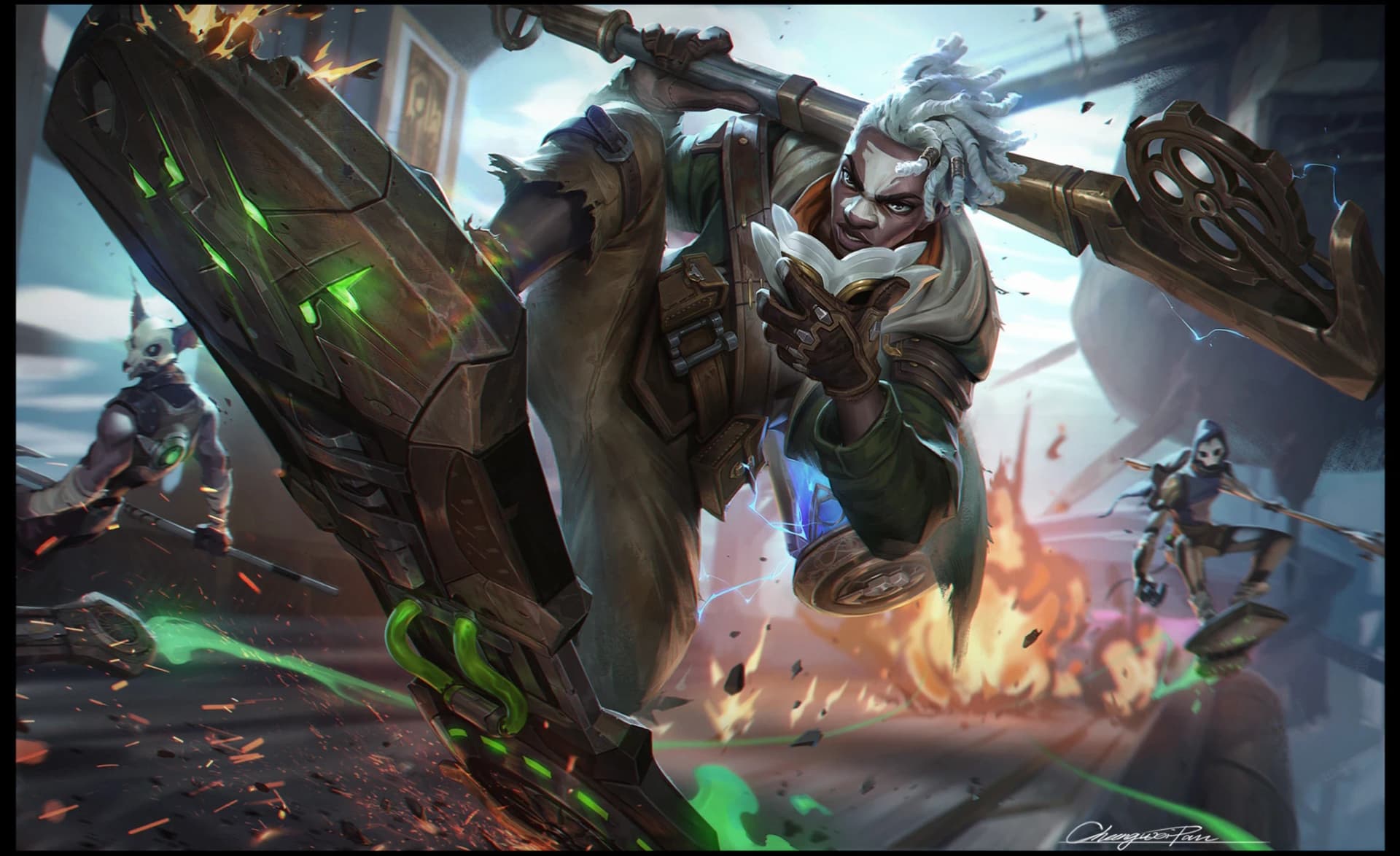 O personagem Ekko, de League of Legends, um jovem de dreads brancos brandindo uma grande arma mecânica em pleno salto, cercado por energia verde e combate.