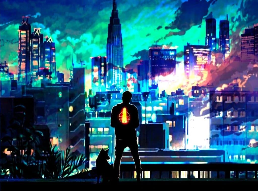Ilustração estilo anime de uma pessoa e um cão silhuetados num terraço diante de uma cidade noturna iluminada por neon.