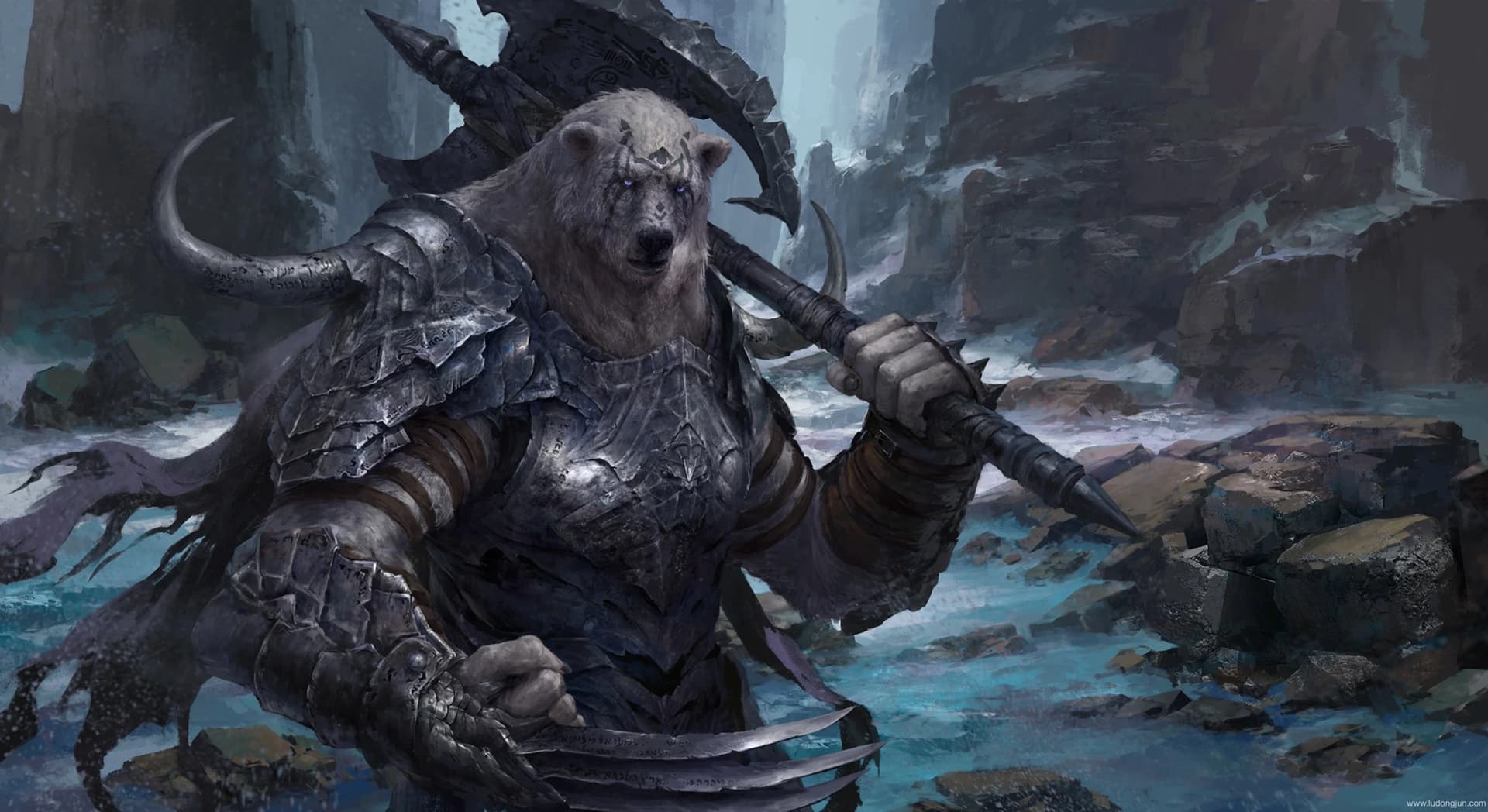 Guerreiro antropomórfico com cabeça de urso polar, em pesada armadura de placas, empunhando um grande martelo de guerra num desfiladeiro gelado.