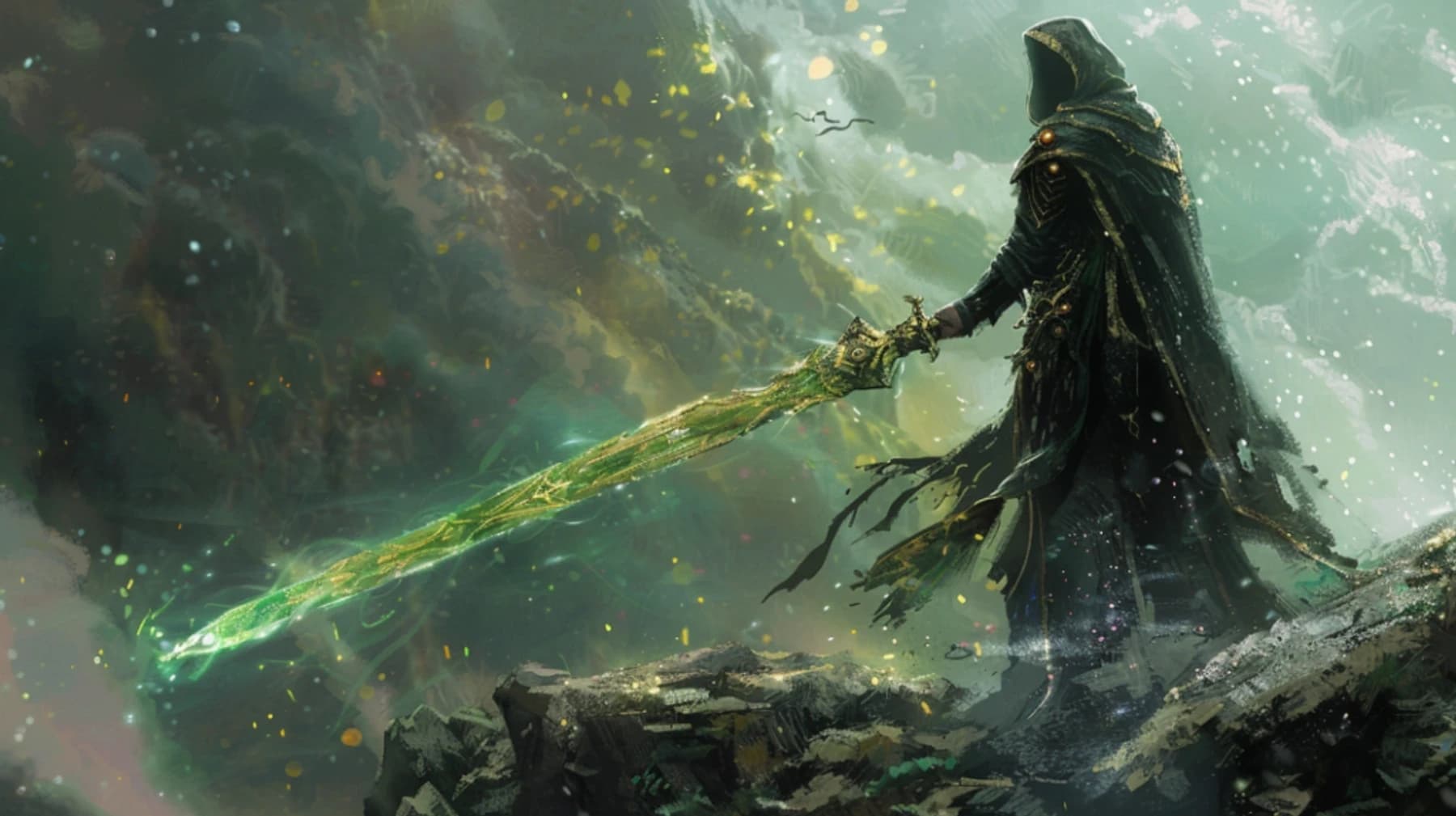 Ilustração de um esqueleto encapuzado empunhando uma adaga em um campo de batalha enevoado repleto de espadas fincadas