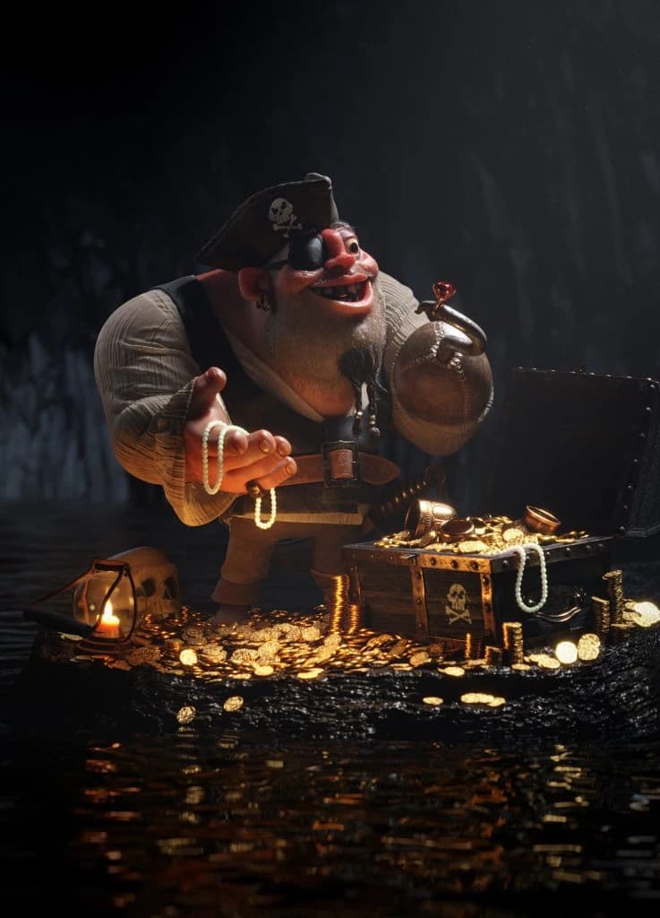 Render 3D de um pirata barbudo com tapa-olho contemplando um baú de tesouro e moedas de ouro numa caverna escura.