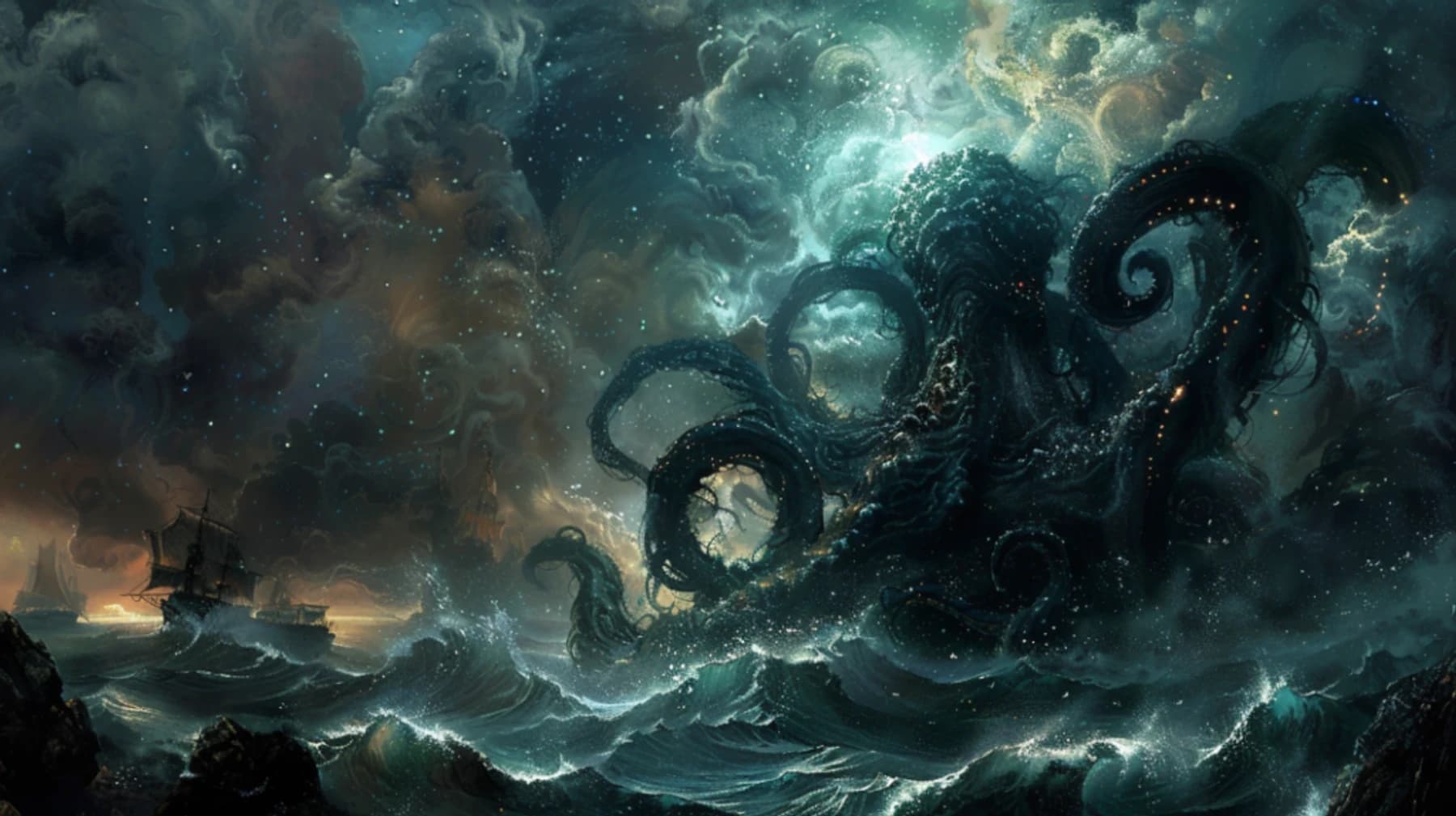 Ilustração de um monstro tentacular colossal emergindo do mar tempestuoso sob um céu estrelado, com navios pequenos ao lado