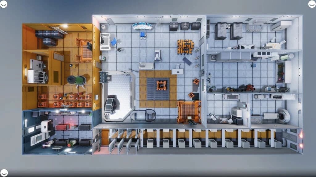 Mapa de instalação futurista em vista de cima, com laboratórios, celas e móveis modernos divididos em cômodos coloridos.