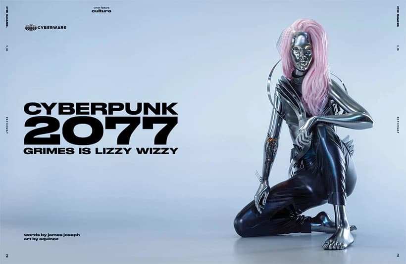 Diagramação estilo revista cyberpunk com figura de corpo cromado e cabelo rosa ao lado do título Cyberpunk 2077.