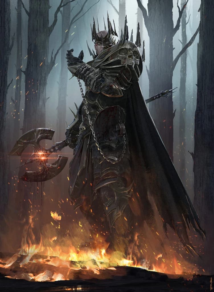 Arte de fantasia sombria de um rei guerreiro de armadura e coroa, empunhando um machado numa floresta em chamas.