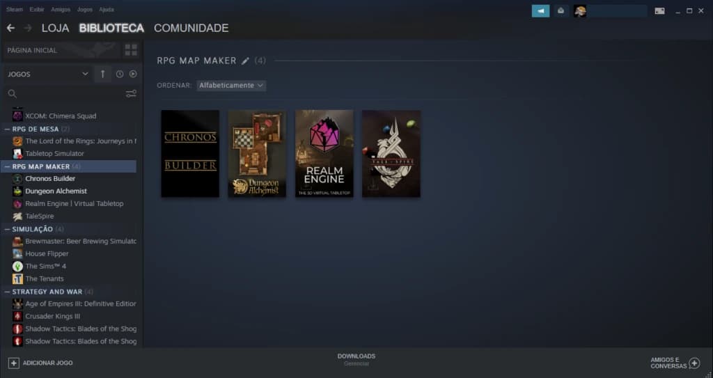 Captura de tela da biblioteca do Steam mostrando a categoria RPG Map Maker com Chronos Builder, Dungeon Alchemist, Realm Engine e TaleSpire.
