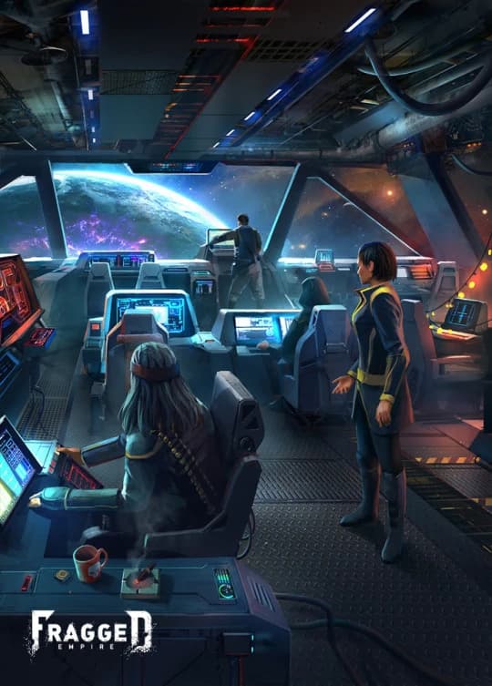 Arte da ponte de comando de nave espacial de Fragged Empire, com tripulação em consoles e planeta visível pela janela.
