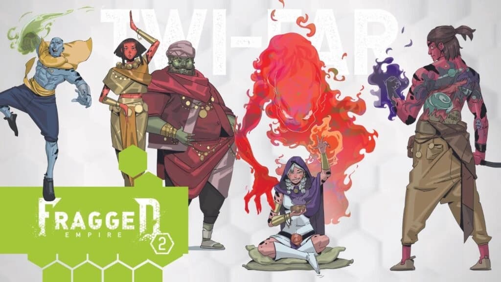 Arte conceitual da raça Twi-Far de Fragged Empire 2: personagens exóticos, entre eles uma conjuradora sentada invocando labaredas vermelhas.