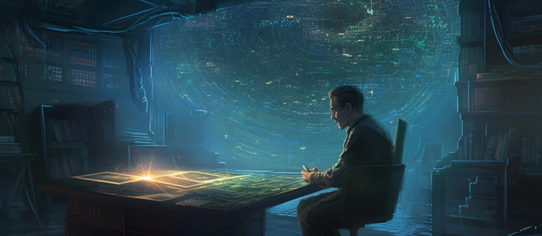 Ilustração de homem à mesa observando mapa holográfico luminoso em sala repleta de estantes e painéis.