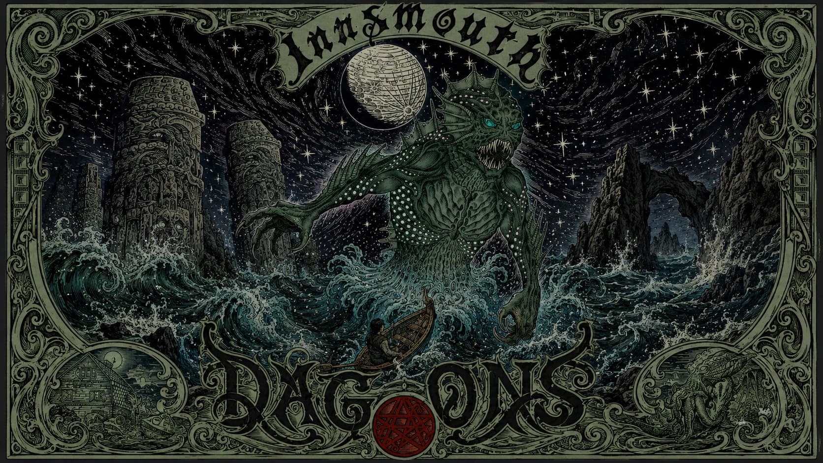 Ilustração ornamentada no estilo de gravura antiga, intitulada Innsmouth e Dagon, com uma imensa criatura marinha esverdeada erguendo-se de um mar revolto diante de torres em ruínas e um pequeno barco.