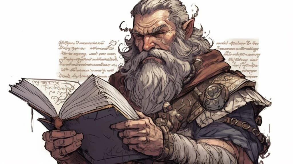 Homem da época mediaval com barba e cabelos brancos usando uma roupa de guerreiro azul e adornos vermelhos e dourados. Ele segura um livro azul representando o Check List do Mestre Metódico.