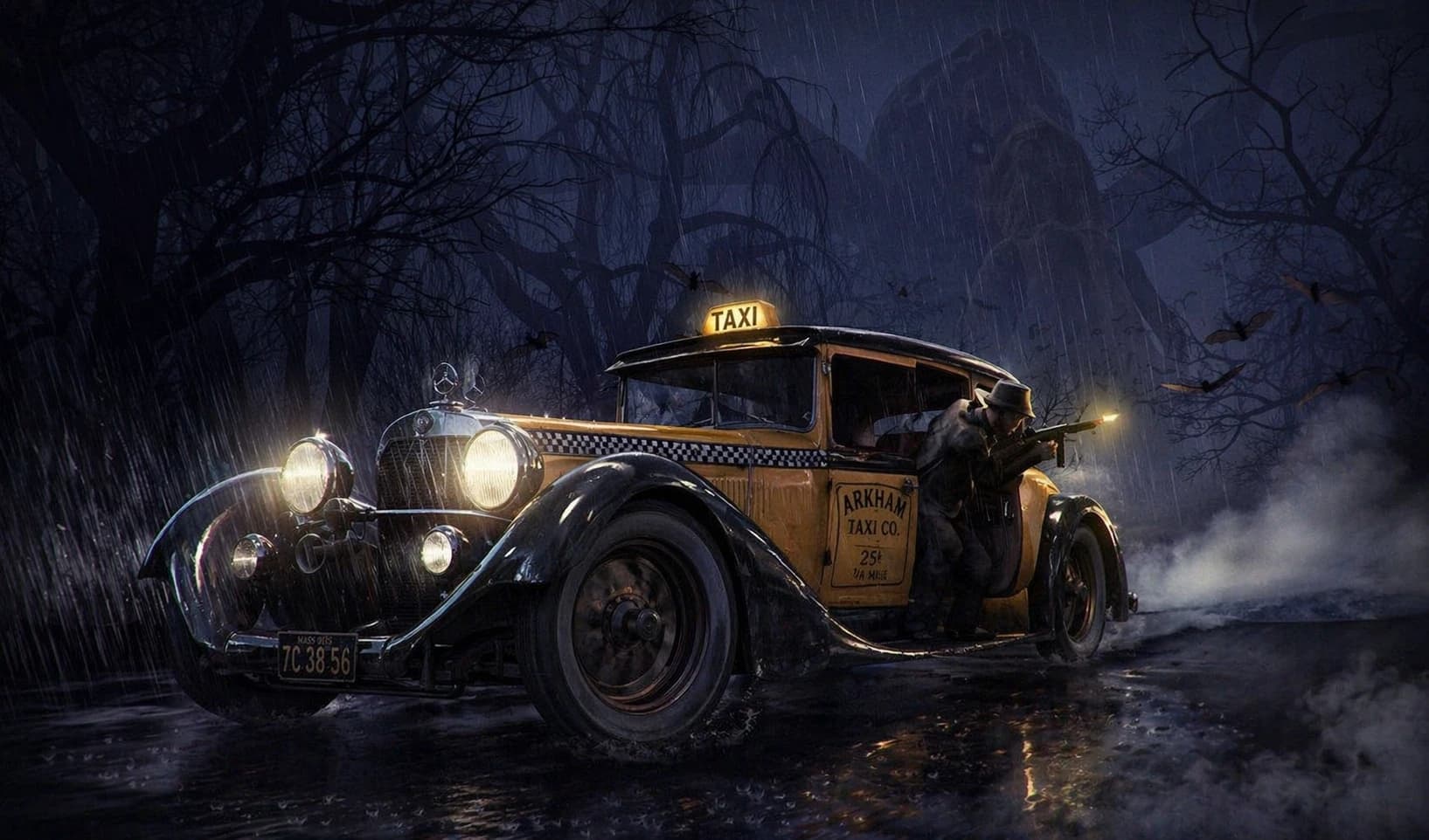 Táxi amarelo antigo da Arkham Taxi Co. sob chuva à noite, com um homem debruçado na janela disparando uma metralhadora entre árvores secas e morcegos.
