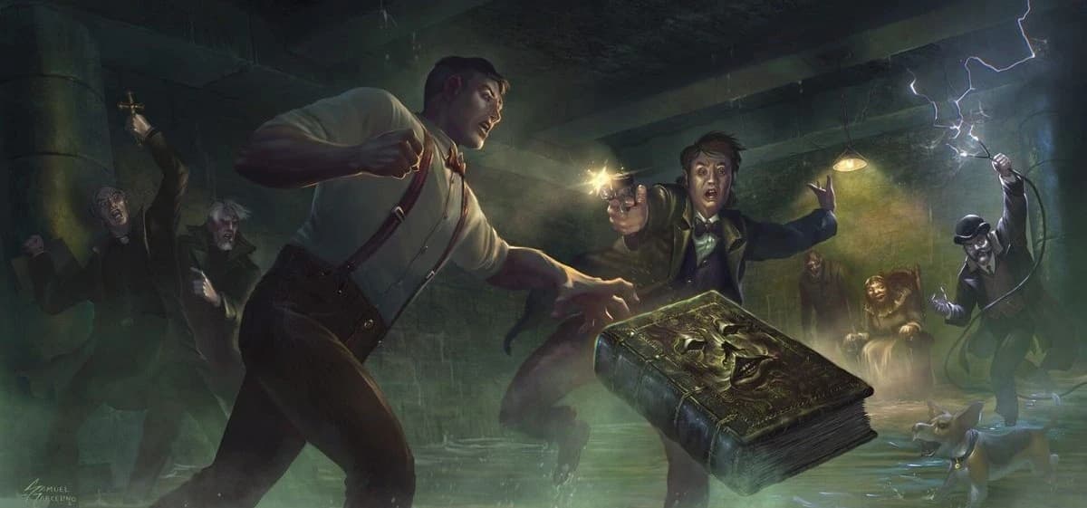 Cena de ação de investigadores dos anos 1920 enfrentando cultistas num porão inundado e escuro; um empunha um crucifixo, outro dispara uma pistola, e um grande tomo com caveira flutua na água.