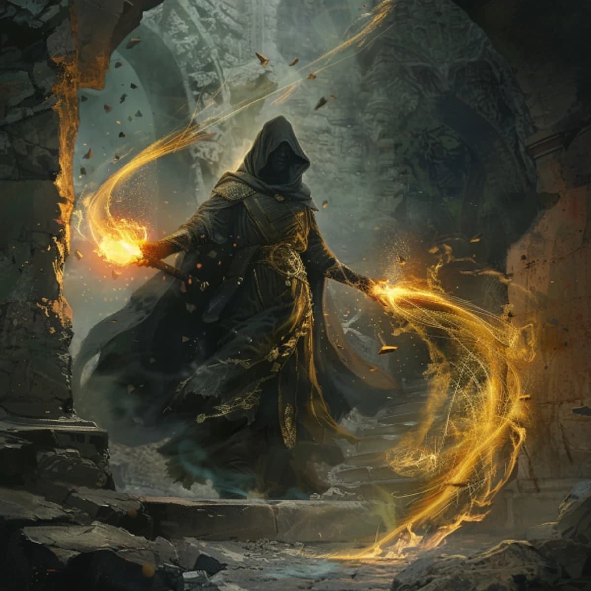 Arte de um bruxo encapuzado conjurando fios de magia dourada e uma chama flamejante entre ruínas de pedra