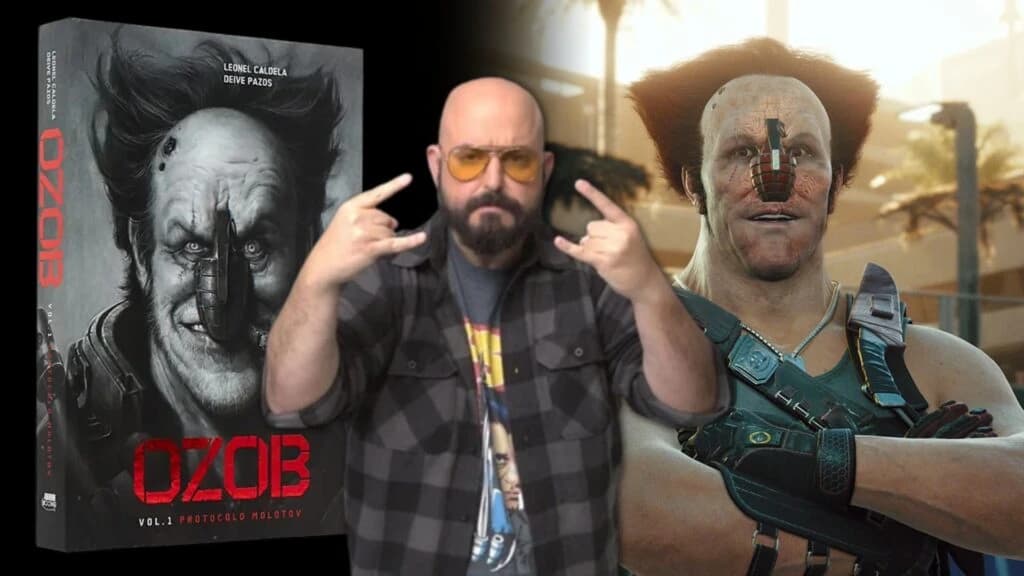 Montagem com a capa do livro Ozob Protocolo Molotov, homem barbudo fazendo gesto de rock e o personagem Ozob com granada no nariz.
