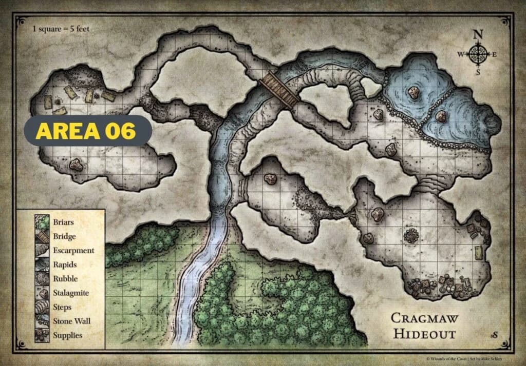 Mapa de batalha da caverna Cragmaw Hideout com etiqueta amarela AREA 06 no salão à esquerda.