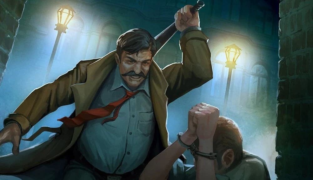 Cena noir dos anos 1920: um homem de bigode e gravata vermelha ergue um cassetete para golpear um sujeito algemado sob a luz de postes de rua.