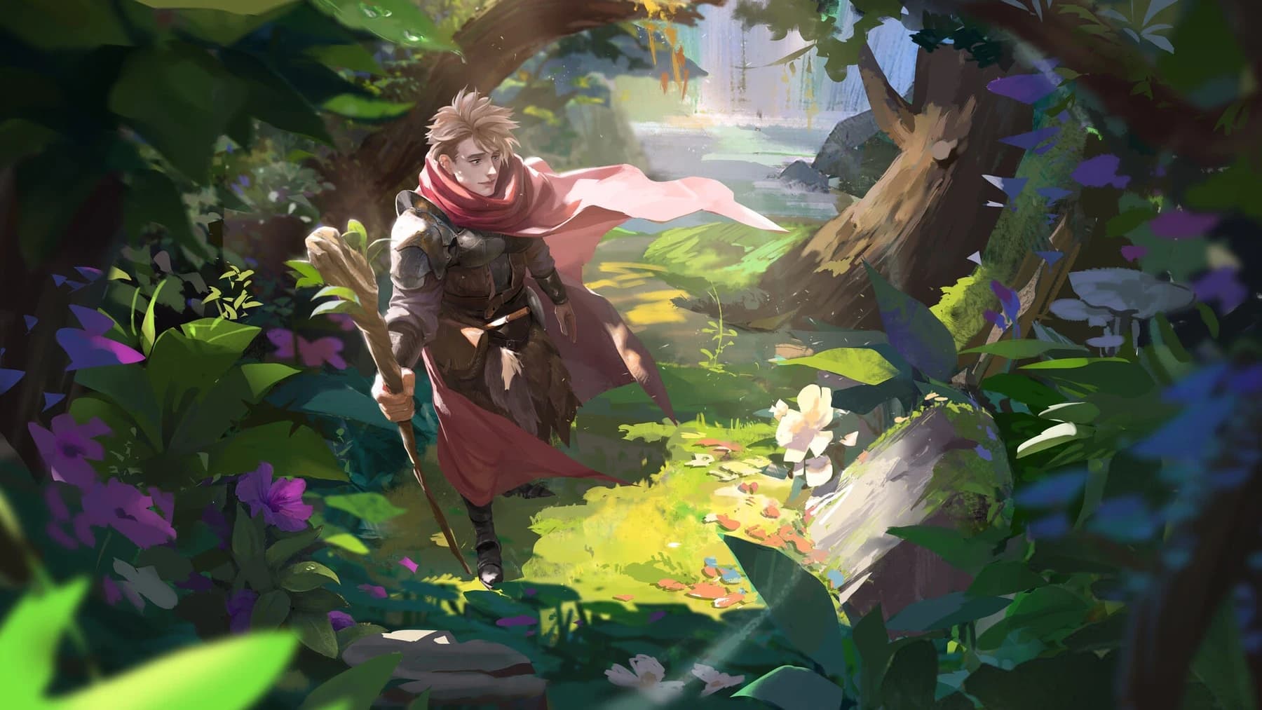 Ilustração em estilo anime de um druida loiro de armadura de couro e capa vermelha, empunhando um cajado de madeira ao caminhar por uma floresta ensolarada cheia de flores e uma cachoeira ao fundo.
