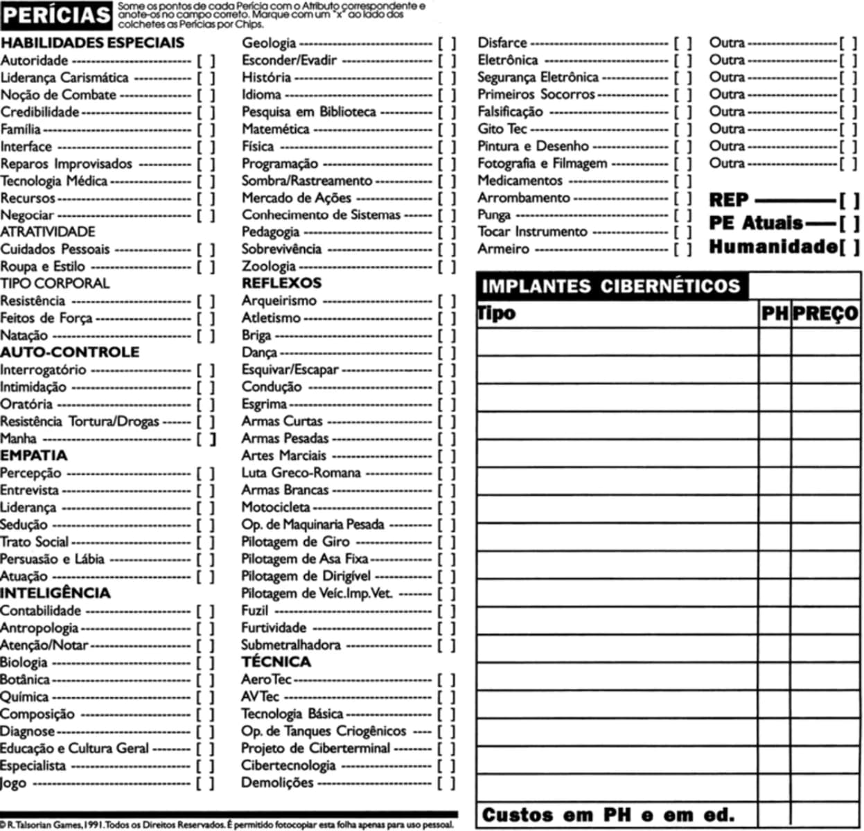 Perícias - Cyberpunk 2020 - Ficha de personagem - RPG - Nuckturp