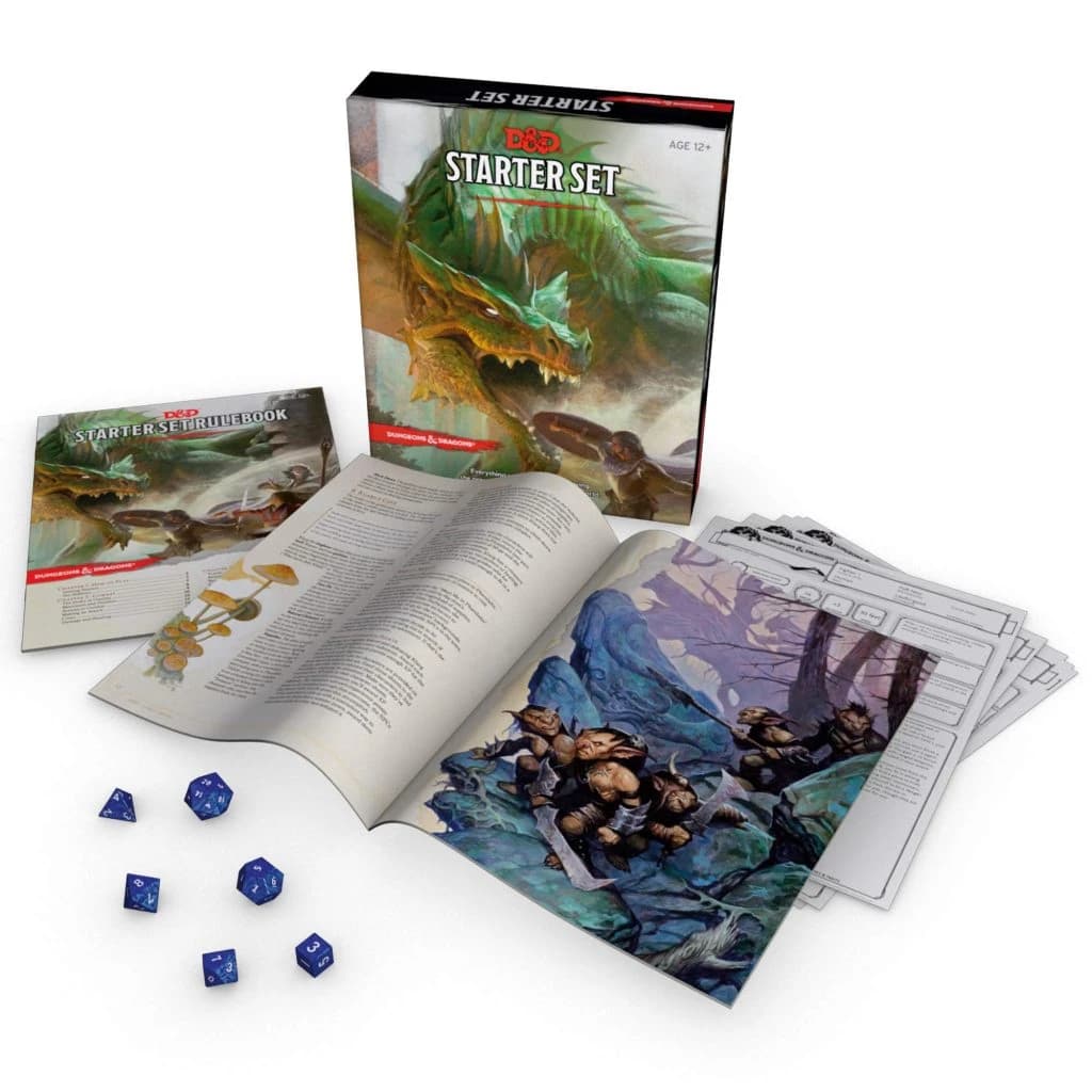 Foto do produto Starter Set de Dungeons & Dragons: caixa com dragão verde, livro de regras, fichas e dados azuis.