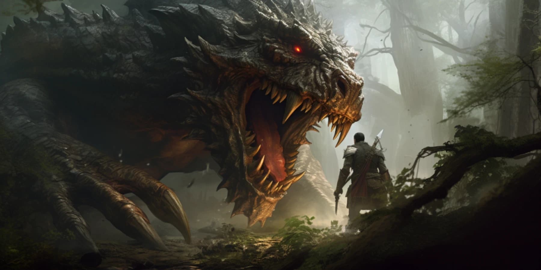Um guerreiro solitário encarando um colossal monstro reptiliano de olho vermelho e enormes presas numa floresta enevoada.