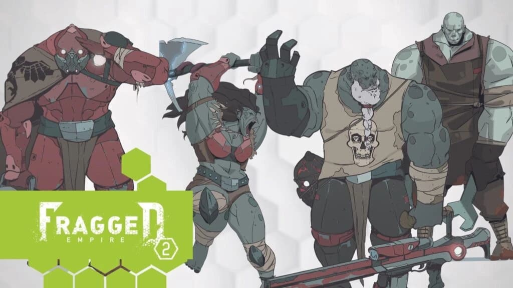 Line-up de personagens brutamontes de Fragged Empire 2, criaturas musculosas vermelhas e cinzentas empunhando machados e armas pesadas.