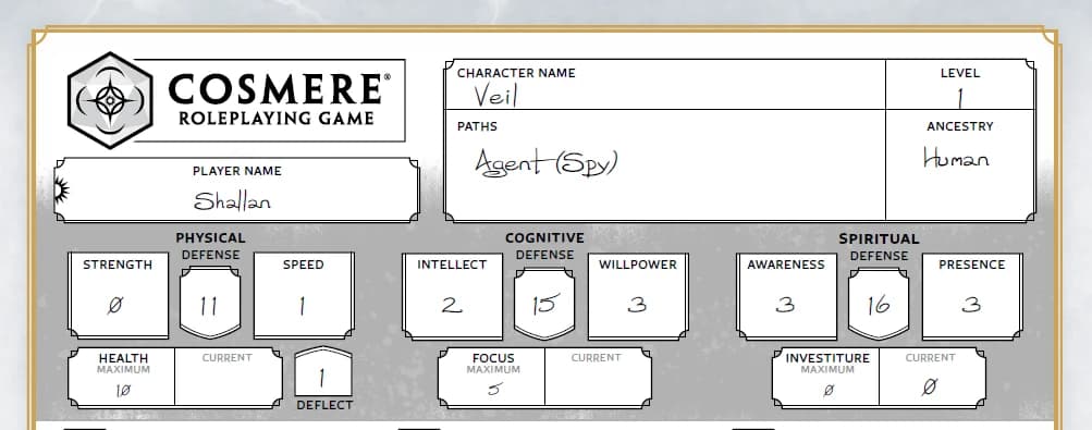 Ficha de personagem do Cosmere RPG preenchida para 'Veil', caminho Agente (Espião), com atributos físicos, cognitivos e espirituais