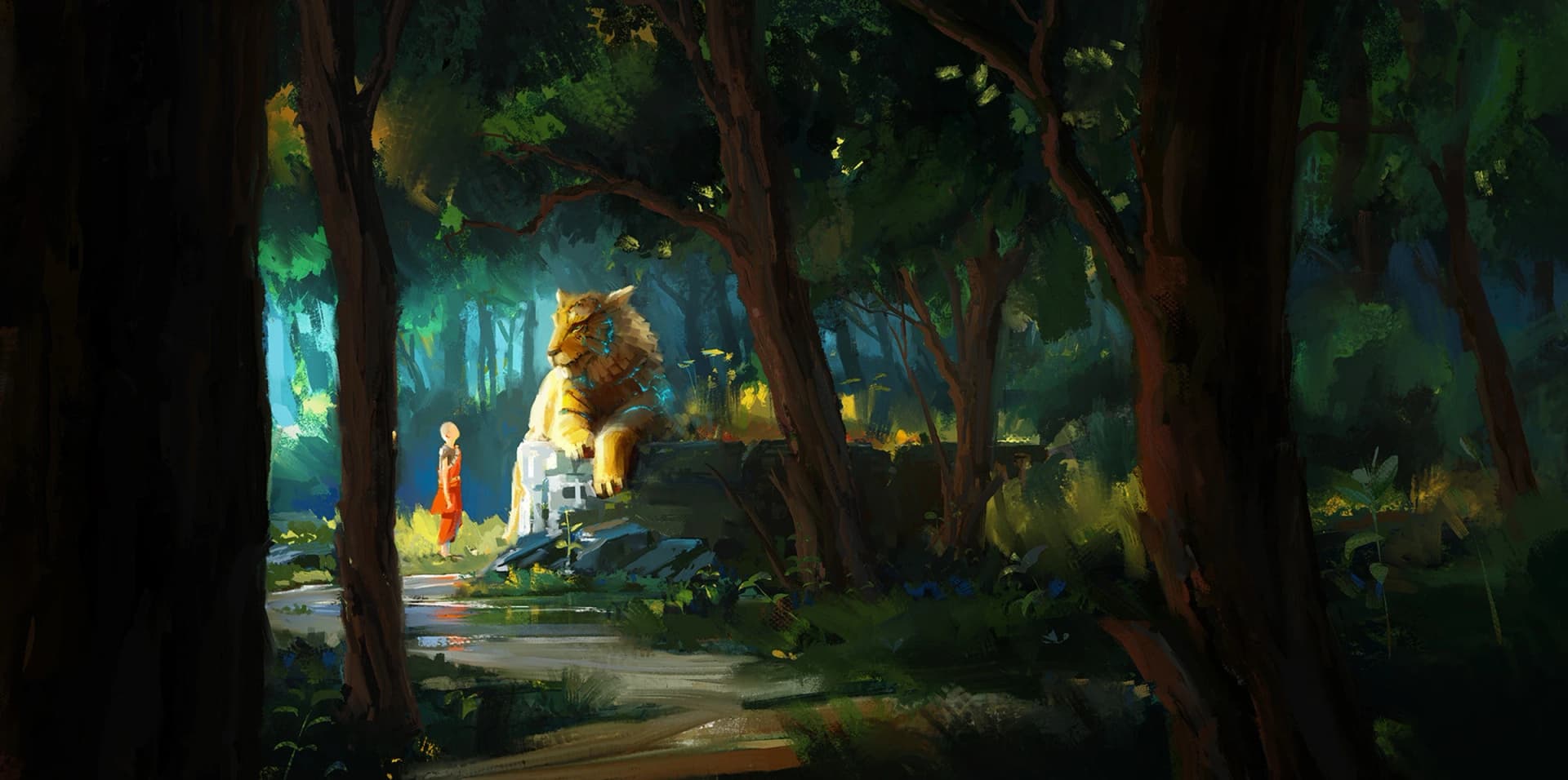 Pintura de uma floresta verde e sombria onde um monge de manto laranja observa uma estátua gigante e luminosa de um tigre sobre um pedestal de pedra.