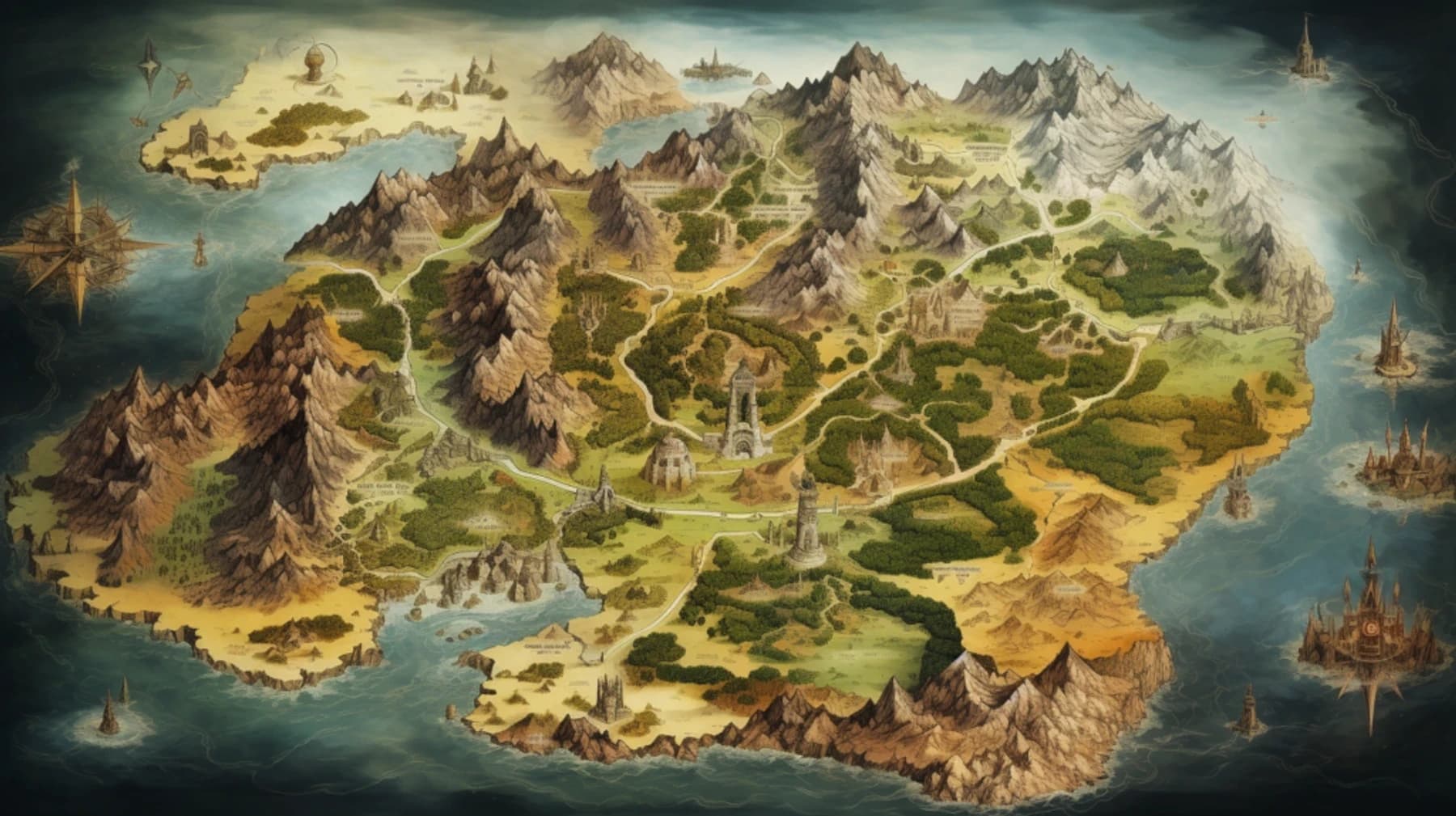 Mapa ilustrado de mundo de fantasia com montanhas, florestas, rios e cidades cercadas por mar.