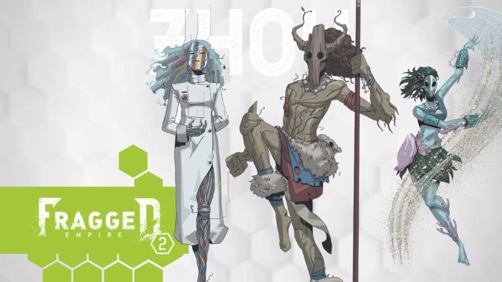 Arte conceitual da raça Zho de Fragged Empire 2: três alienígenas de aparência vegetal e orgânica, com raízes e máscaras cerimoniais.