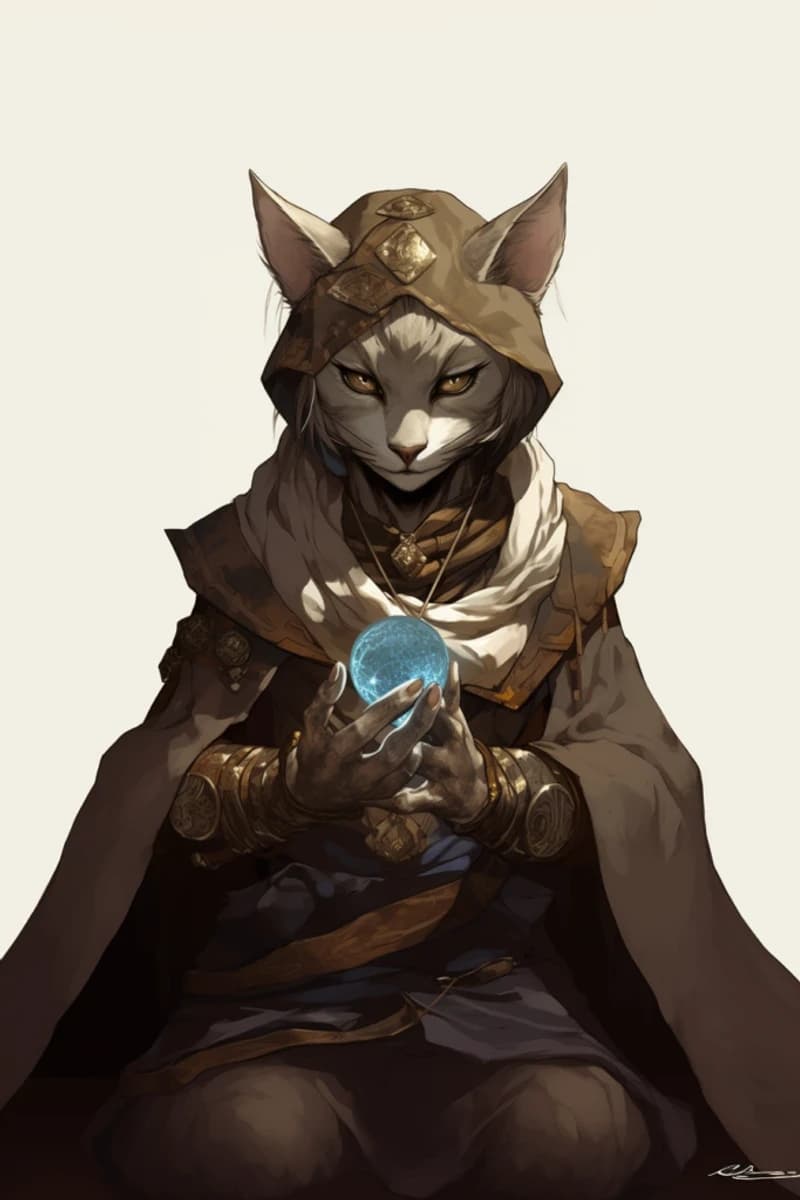 Ilustração de uma feiticeira felina de capuz com adornos dourados, contemplando um orbe mágico azul que segura nas mãos
