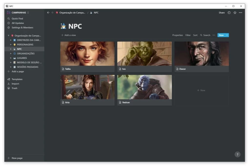 Captura de tela do Notion com banco de dados de NPCs de campanha de RPG, mostrando cartões ilustrados de personagens.