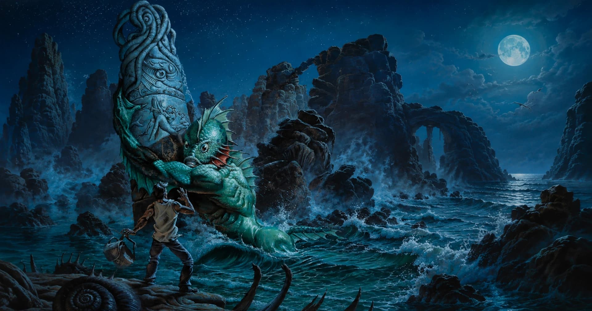 Pintura de um homem numa costa rochosa ao luar encarando um colossal monstro humanoide de aparência de peixe (Dagon) que emerge do mar ao lado de um monólito esculpido.