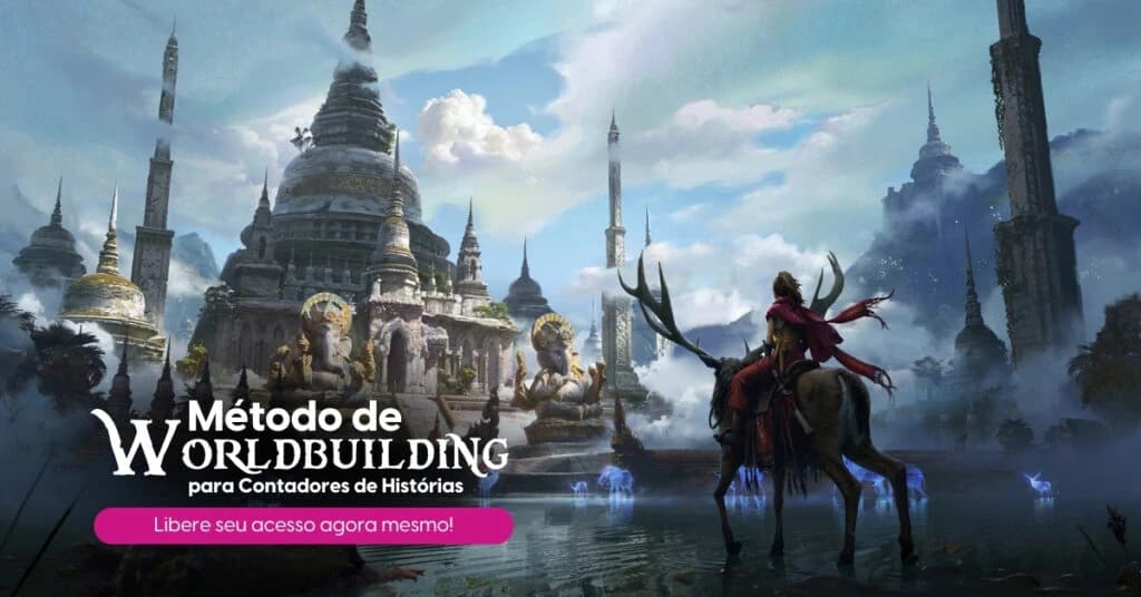 Cavaleiro de capa vermelha monta cervo de chifres diante de templos antigos entre névoa, com o título Método de Worldbuilding