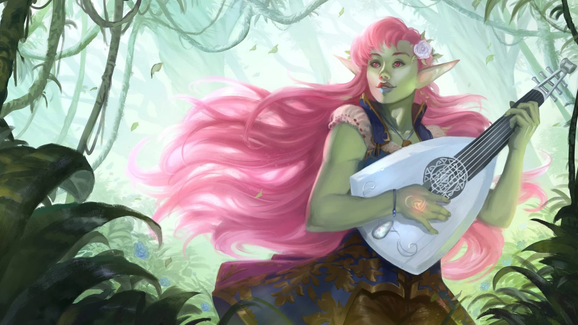 Bardo de pele esverdeada com longos cabelos rosados e uma flor, tocando um alaúde branco numa floresta enevoada.