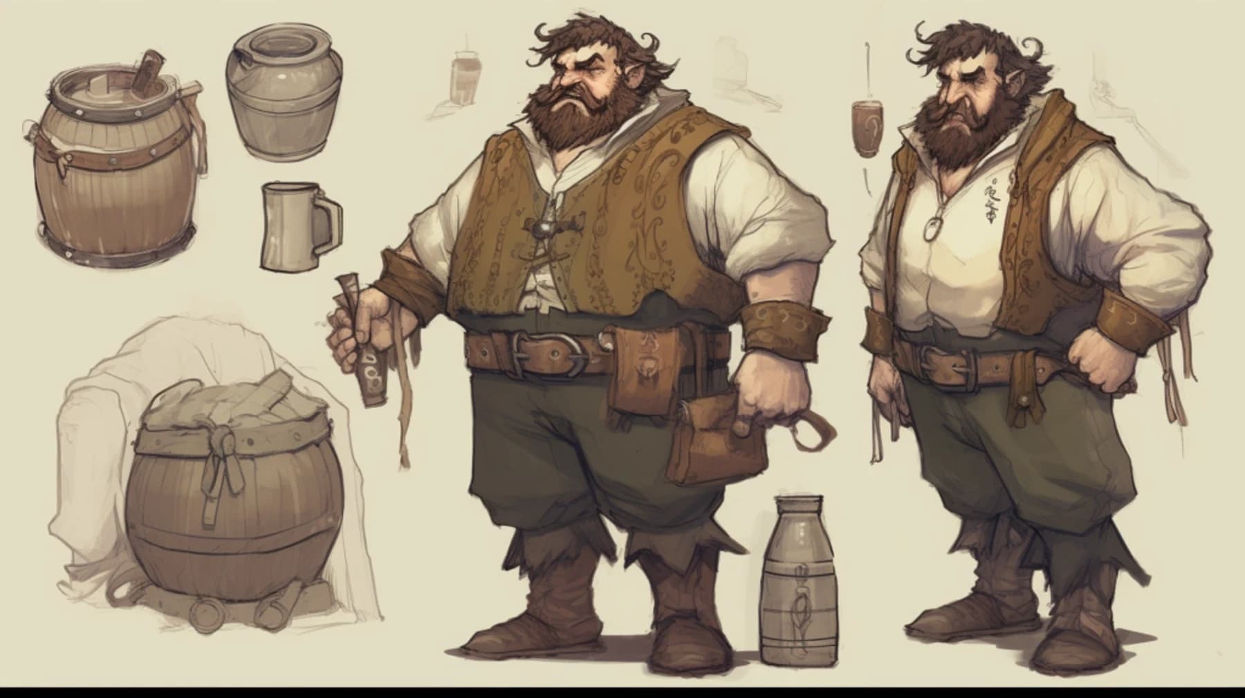 Ficha conceitual de personagem anão barbudo de colete, com barris e caneca desenhados ao lado.