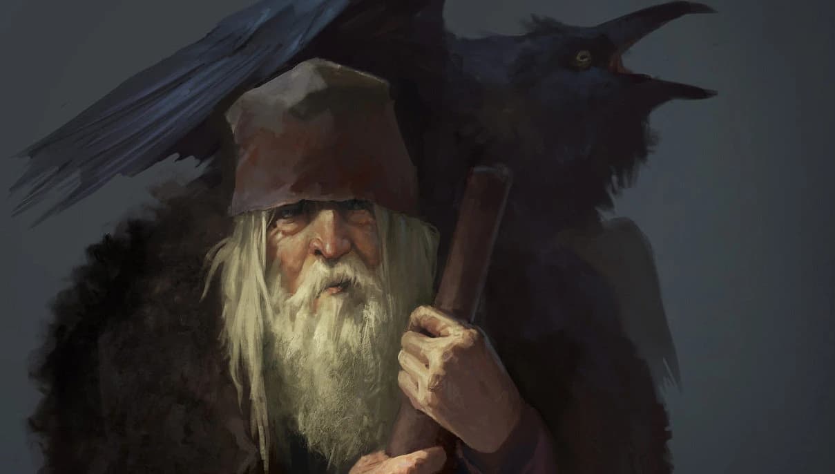 Arte conceitual de um velho mago barbudo com capuz de pele e um corvo negro pousado no ombro.