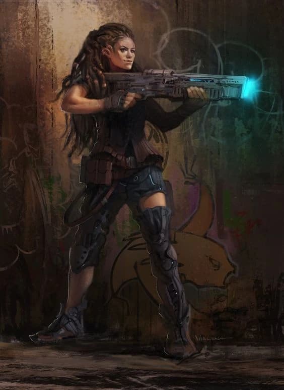 Guerreira de dreadlocks longos empunha um rifle futurista diante de um muro pichado, em pose de combate.