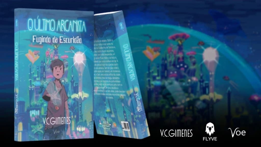Mockup 3D do livro 'O Último Arcanista: Fugindo da Escuridão', de V.C. Gimenes, exibindo a capa ilustrada.
