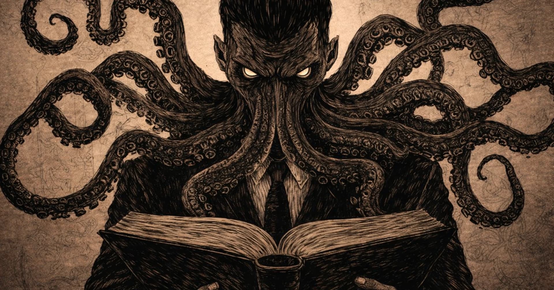 Ilustração a bico de pena de um homem de terno com cabeça de polvo e olhos brilhantes, no estilo de Cthulhu, lendo um livro aberto enquanto tentáculos se espalham atrás dele.