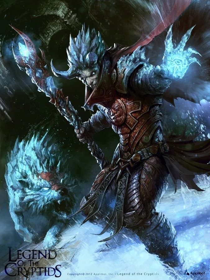 Arte de carta de Legend of the Cryptids: um guerreiro de gelo em armadura ornamentada empunhando uma espada de gelo serrilhada, ao lado de uma fera glacial na neve.
