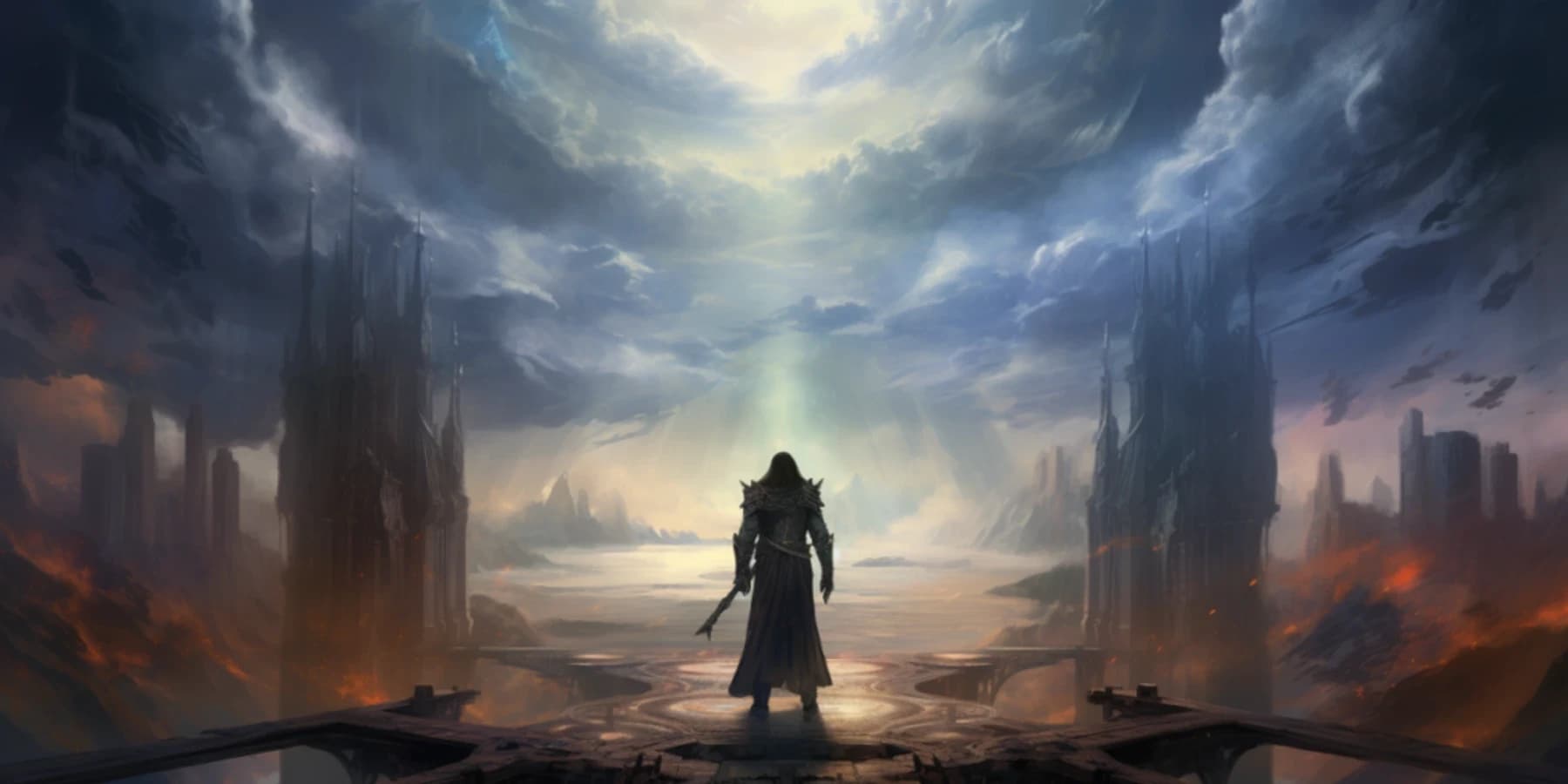 Uma figura de armadura vista de costas sobre uma plataforma entre duas torres sombrias, sob um céu dramático com raios de luz.