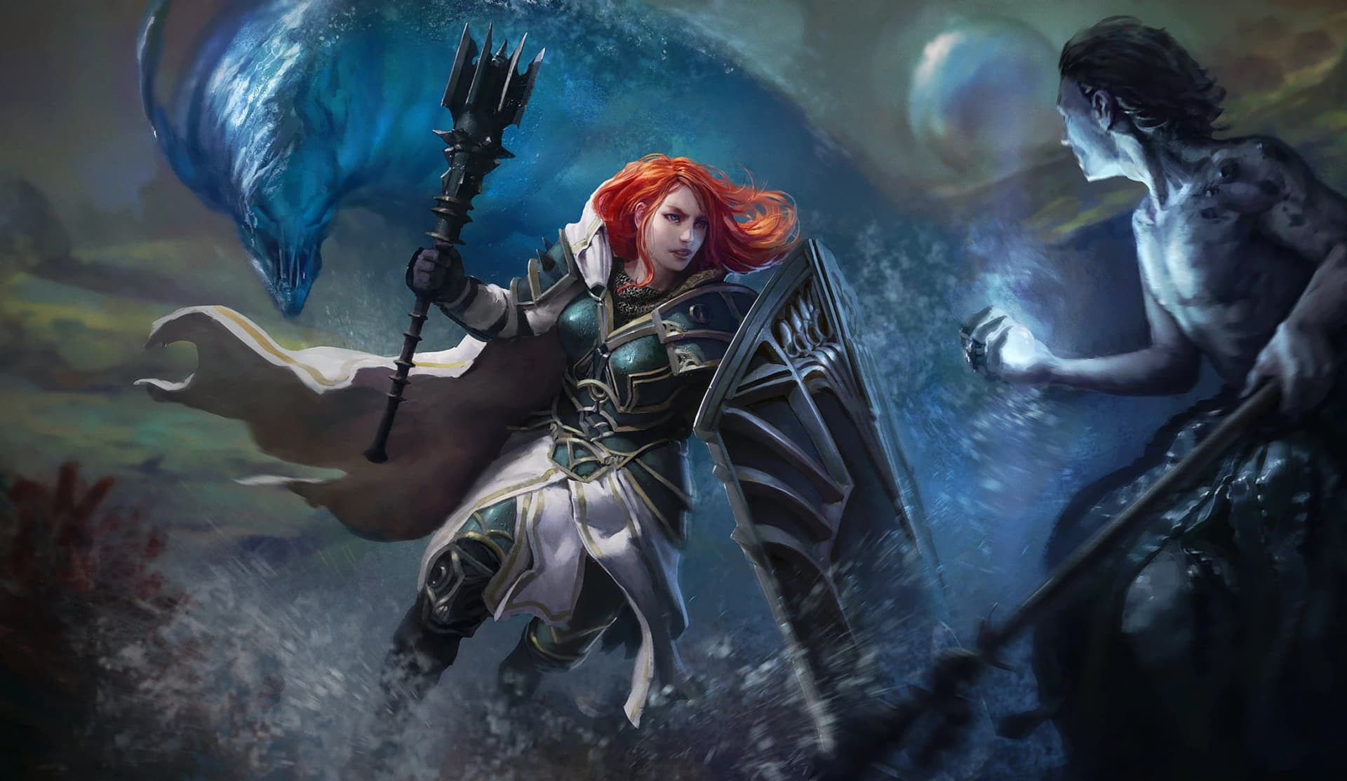 Arte de fantasia aquática: uma paladina ruiva de armadura verde e dourada, com maça e escudo, enfrentando uma figura afogada e pálida, com uma criatura espectral azul ao fundo.