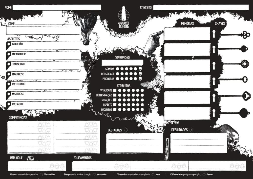 Ficha de personagem em branco do RPG 'As Chaves da Torre', com campos de aspectos, atributos, corrupção, memórias e chaves.