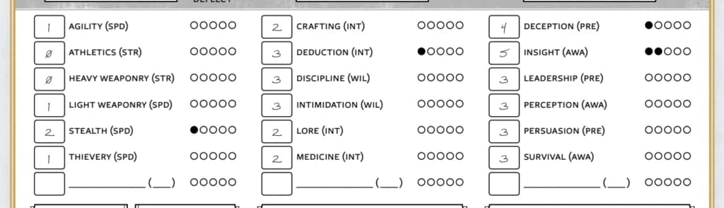 Trecho da ficha do Cosmere RPG com a lista de perícias como Agilidade, Furtividade e Persuasão e seus valores marcados