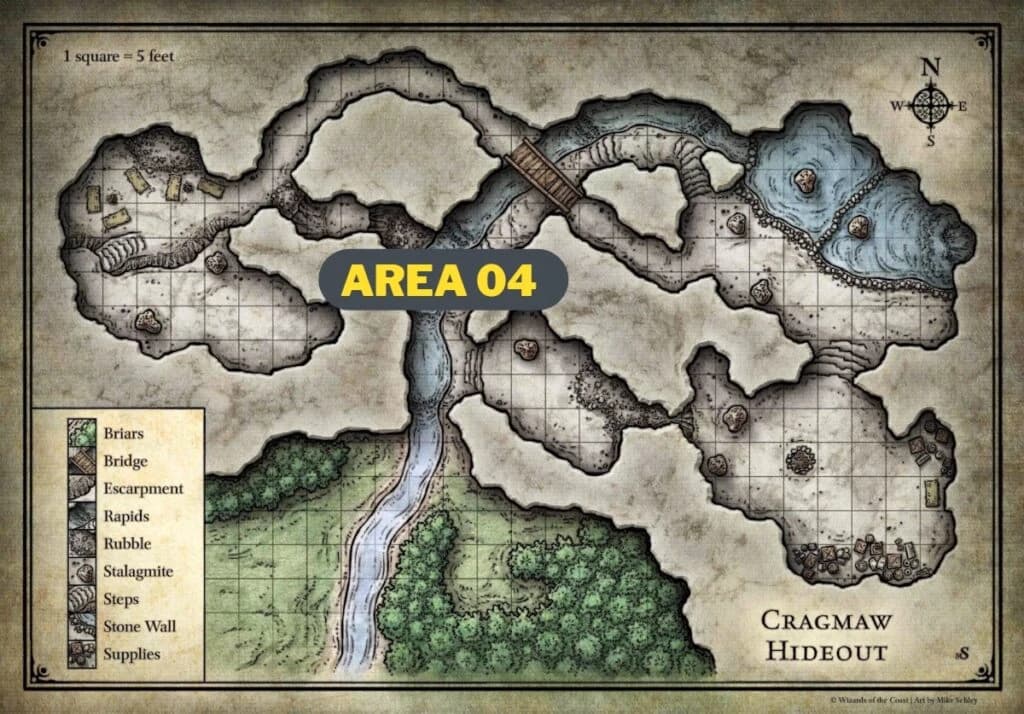 Mapa da caverna Cragmaw Hideout com grade quadriculada e etiqueta amarela AREA 04 sobre o rio central.