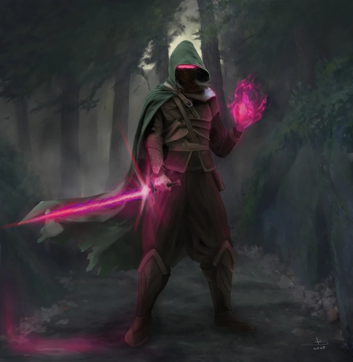 Figura encapuzada de manto verde numa floresta escura, segurando um orbe de magia cor de magenta numa mão e uma espada de energia rosada na outra.